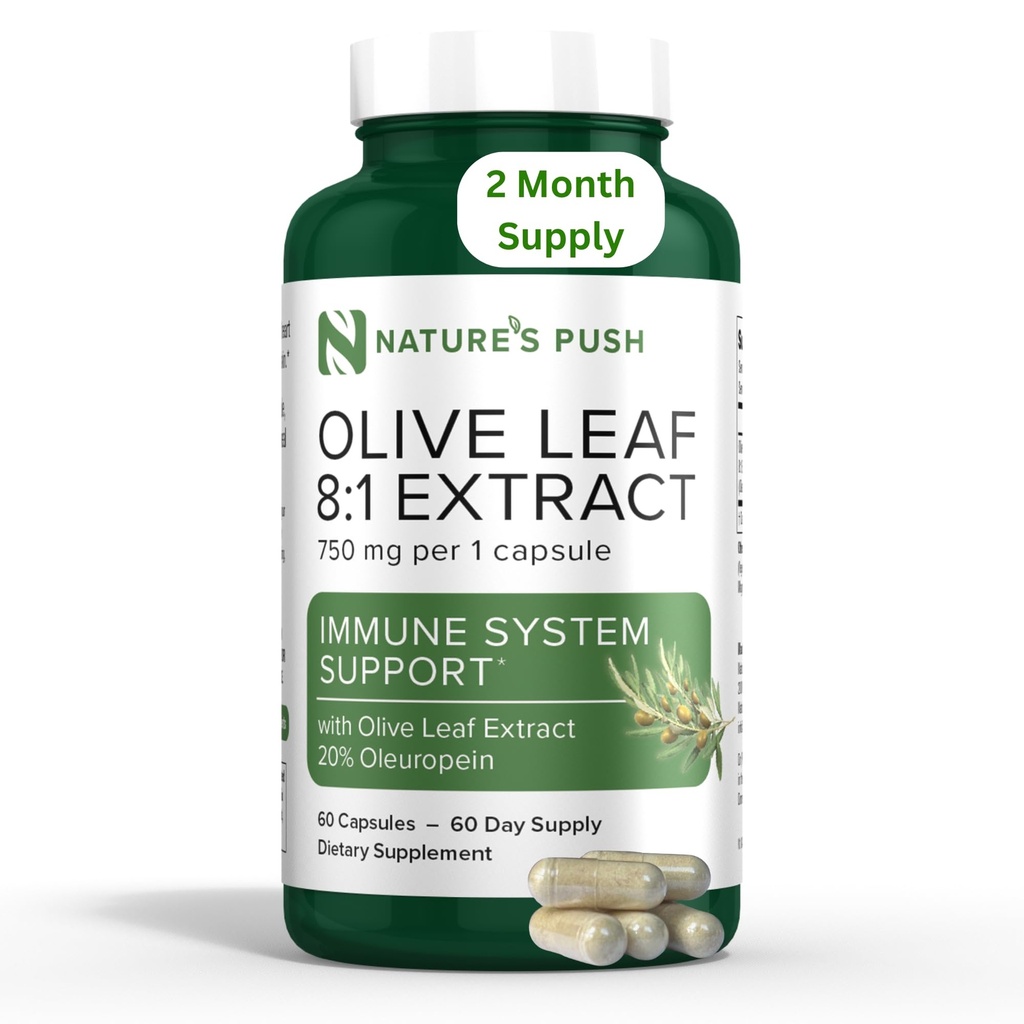 Nature's Push Super Potent 橄榄叶 8:1 提取 20% Oleuropein 750mg Capsule Imune System, Skin, and Heart Health support Vegan Non-GMO USA cGMP Gluten 免费抗氧化剂 60 Capsules 2个月供应量