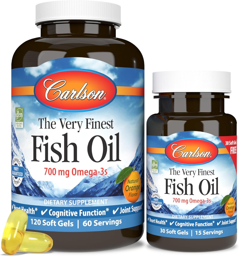 Carlson - The Very Fish Oil,700 mg Omega-3s,挪威鱼油增刊,Wild Caught Omega-3 Fish Oil,可持续来源的鱼油盖,Omega-3增刊,Orange,120+30软胶