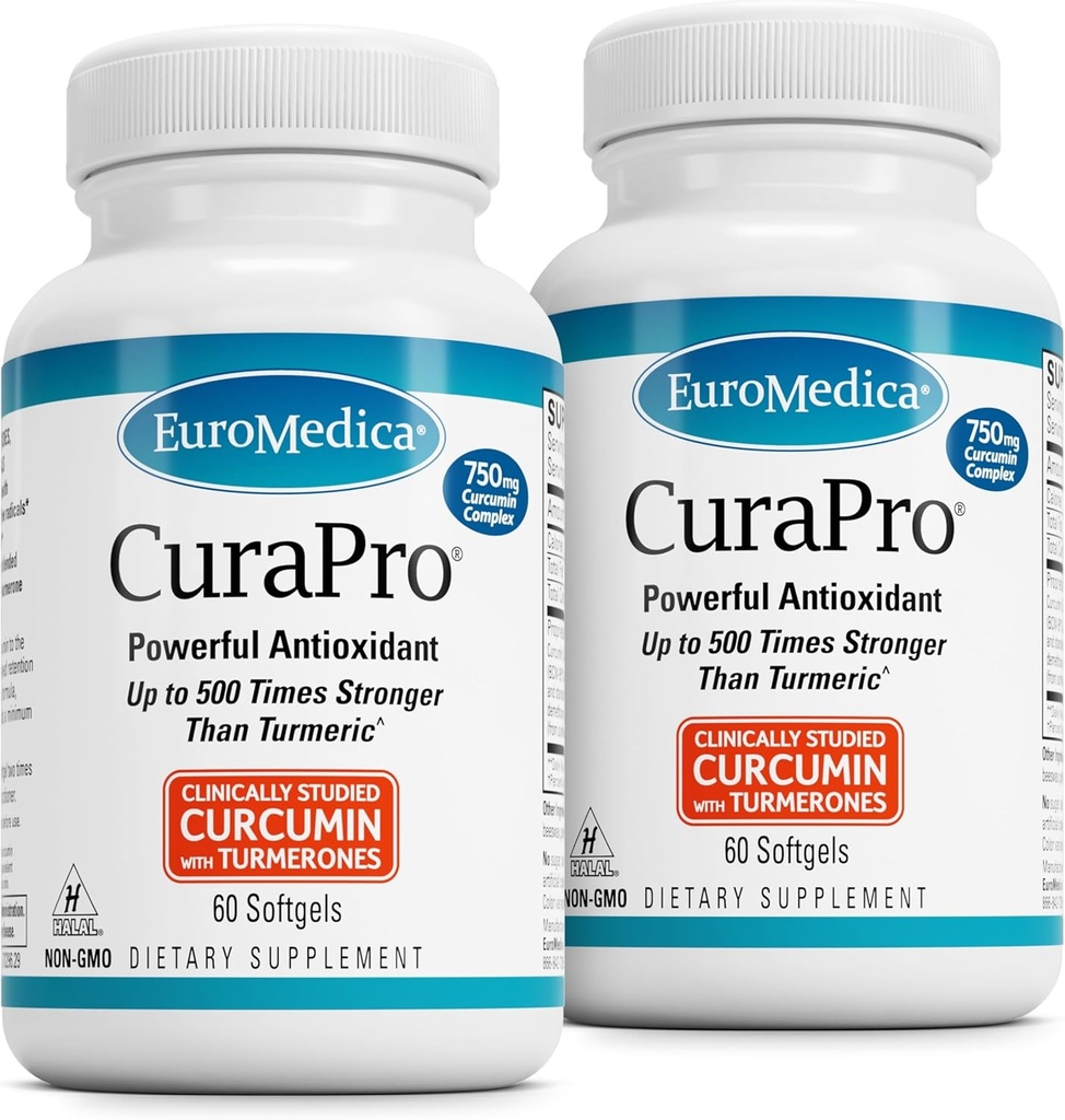 EuroMedica CuraPro - 脑和免疫健康支持的抗氧化剂补充剂 - 含有Curcumin和Turmeric基本油的膳食补充剂 - 草肝支持 - 60 Softgel, 2 Pack (120 Softgels)