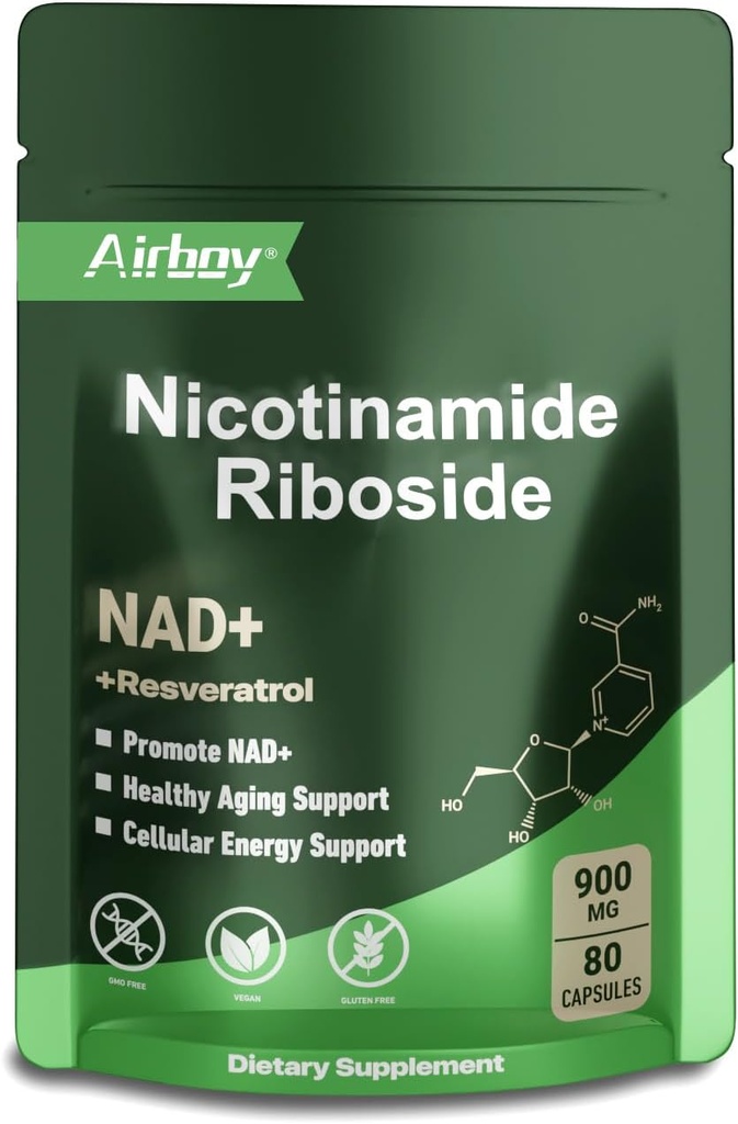 Airboy NAD 配有 Nicotinamide Riboside Resveratrol & Quercetin 900 mg, NMNH 男女支持抗衰老,能源,焦点 - 80卡普尔