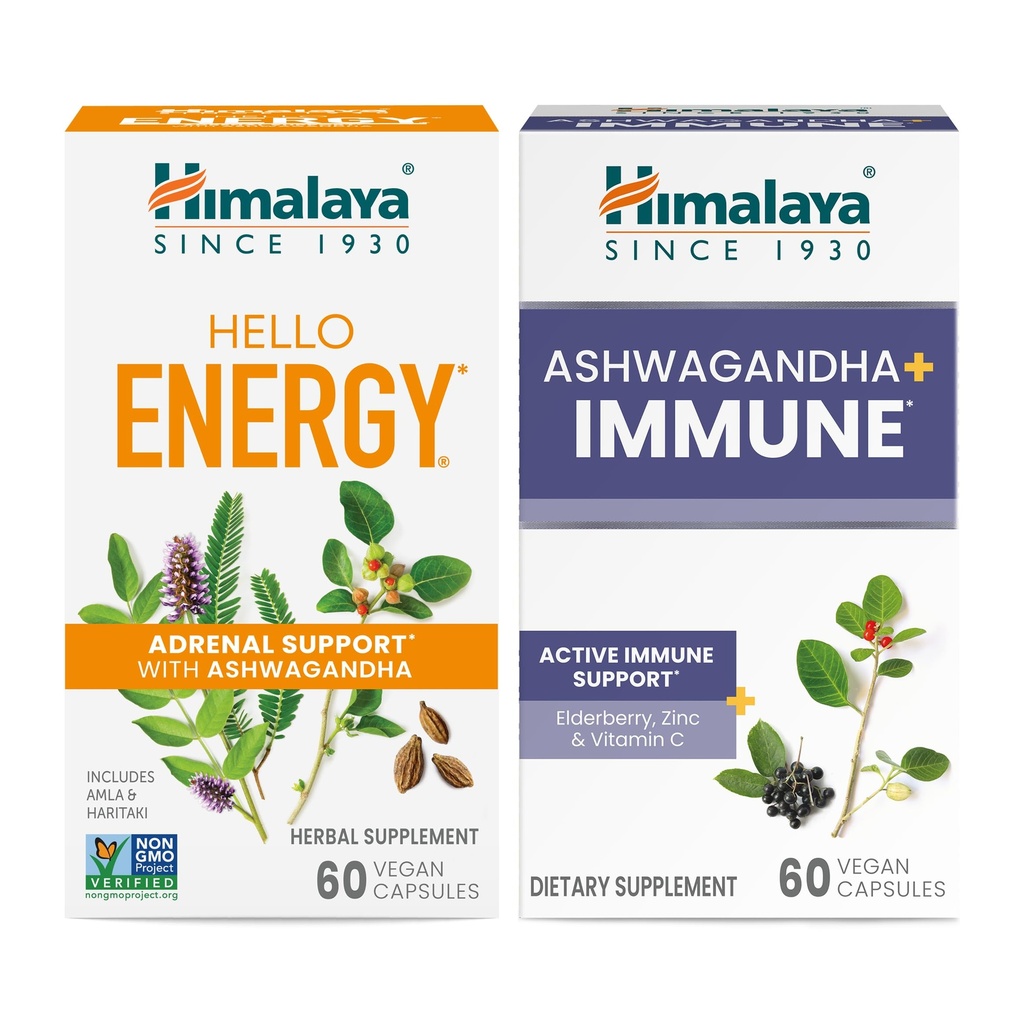 喜马拉雅 Hello Energy with Ashwagandha for Adrenal Support & Daily Energy and & Ashwagandha + 含维生素C的活性免疫支持,60个卡普尔每人-包