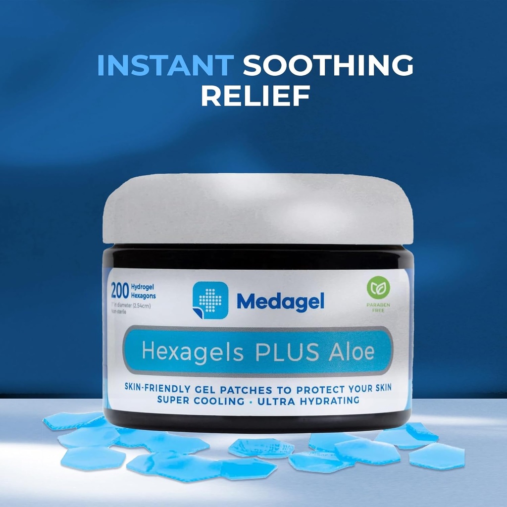 Hexagels Plus Aloe Vera - 用于防滑剂和舒缓燃烧护理的高级热液凝胶垫-脚、脚跟、脚趾、脚趾和安克勒保护,包200,1-英寸补丁,由Medagel, Paraben Free编写