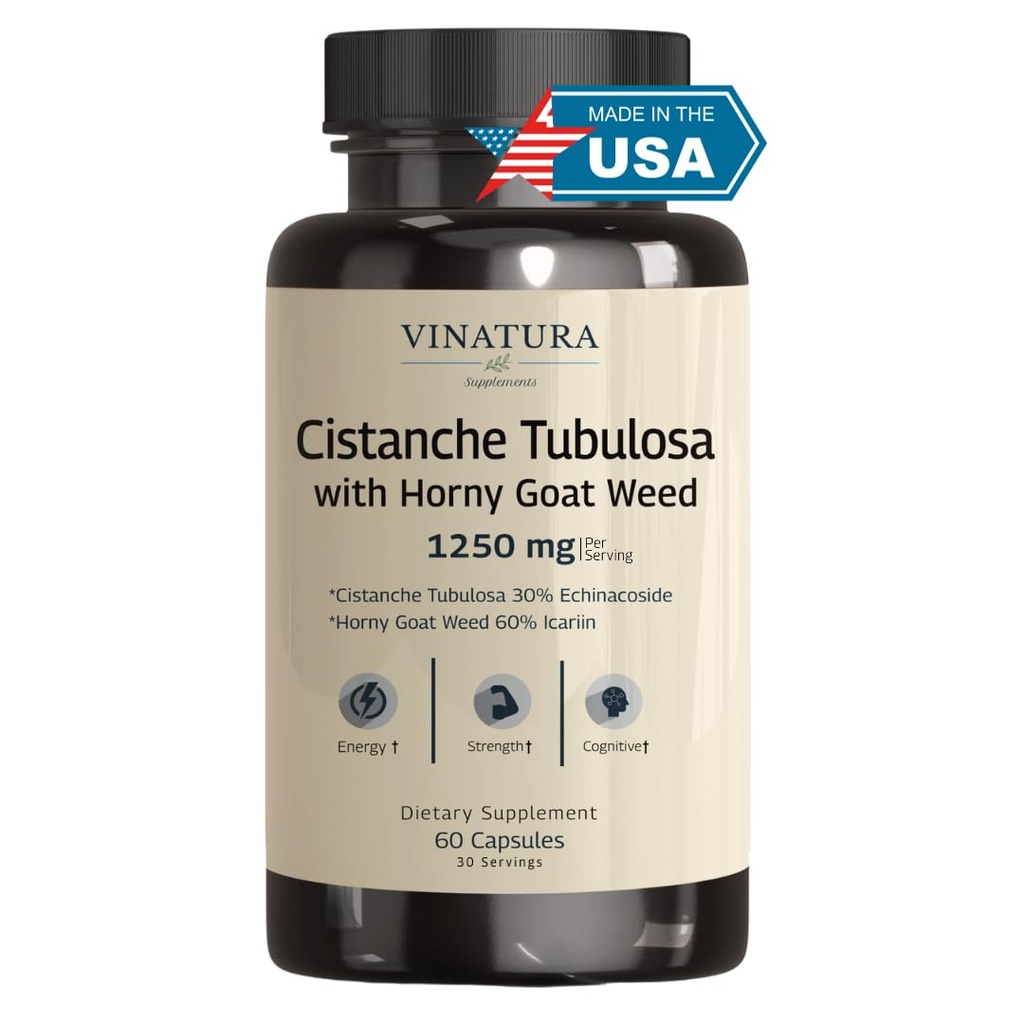 黄羊笼草(VINATURA Cistanche with Horny Goat Weed) 60% Icariin - 每服1250mg, Cistanche Tubulosa, Cistanche Supplement Men, Energy, 力量认知 *美国制造和试验 * - 60 Capsules 30 服药