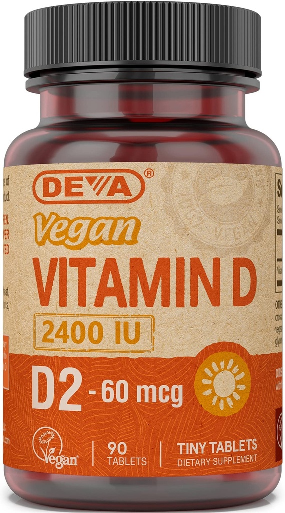 DEVA Vegan 维生素 D2 60 mcg 2400 IU,无动物成份的Ergocalciferol补充剂,90平板,1-Pack