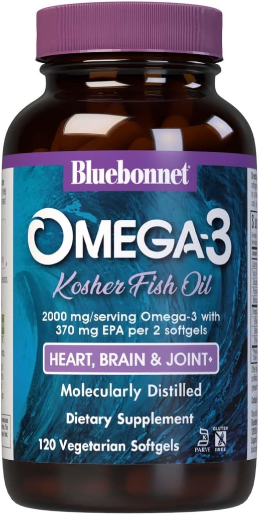 Bluebonnet 营养 Omega-3 科舍尔鱼油 天然的Triglyceride Form, Gluten - Free, 乳品无染, 科舍尔认证,非GMO, 3 党试,分子蒸馏, 120 蔬菜软胶, 60 服务
