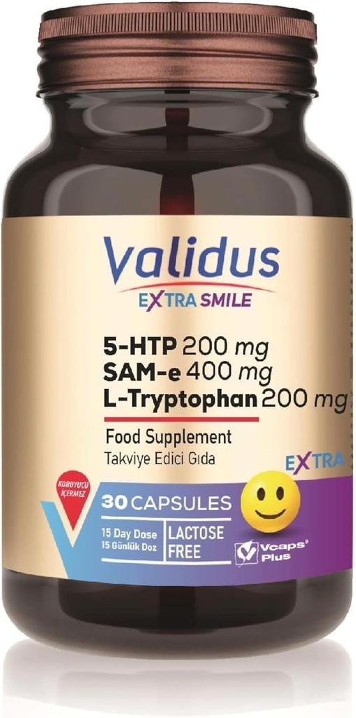 VALIDUS 额外微笑 5-HTTP 200 mg + L- Tryptophan 200 mg + Sam-e 400 mg 30 Capsules(Vcaps Plus)