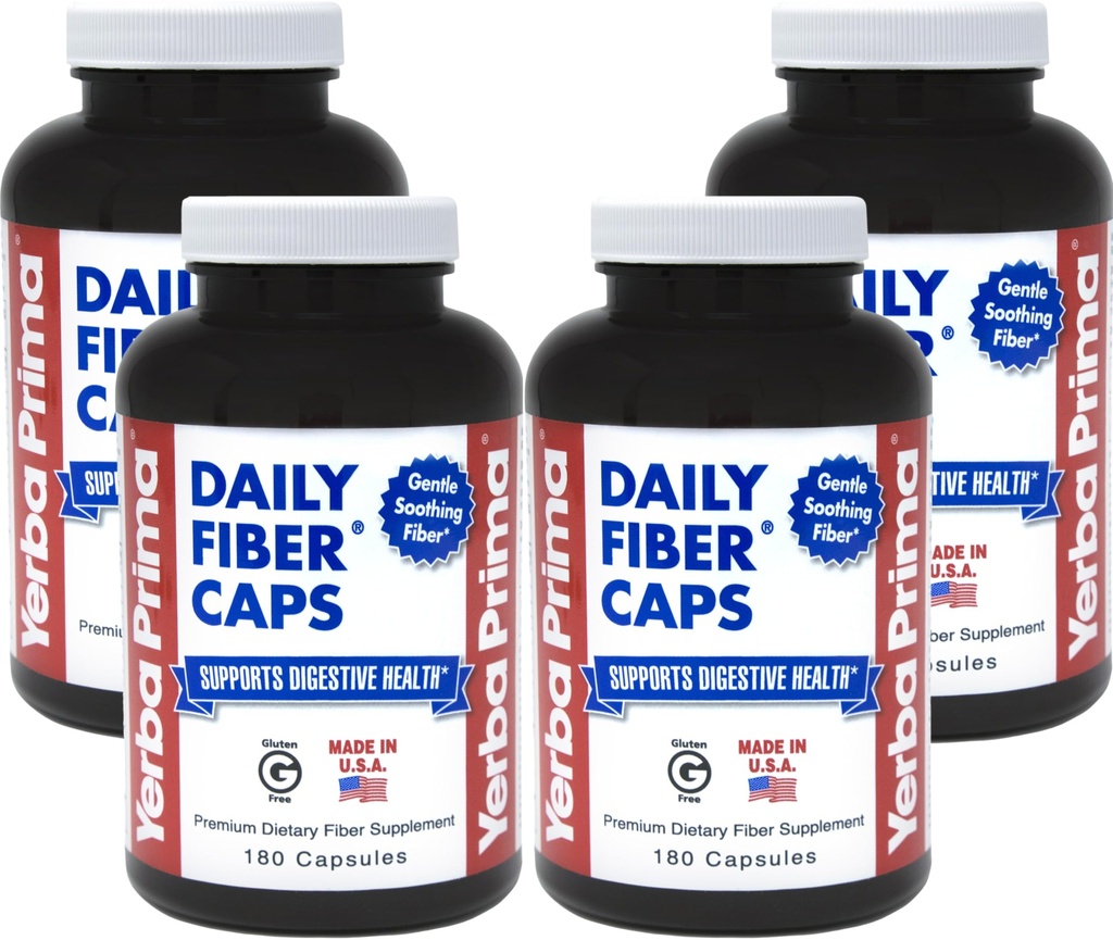 Yerba Prima Daily Fiber Caps - 180 Capsules, (Pack of 4) - 溶性与不溶性饮食纤维补充 - Colon Cleanse - Gut Health - Vegan, Non-GMO, Gluten-Free (英语).