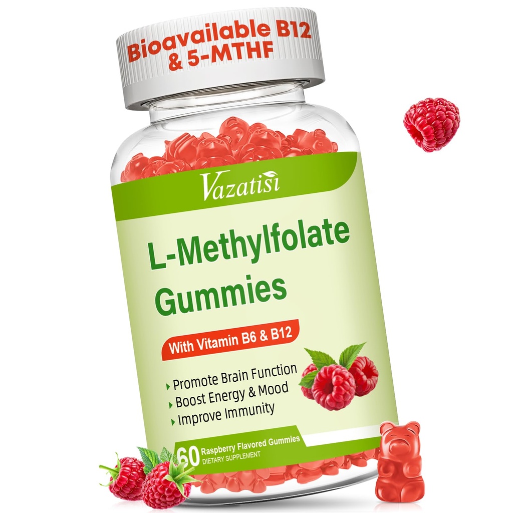 L-Methylfolate 15 mg Gummys配有甲基B12,Folate Supplement for Mood, Brain Health, Immune Support, Raspberry Flavor, 60 Count