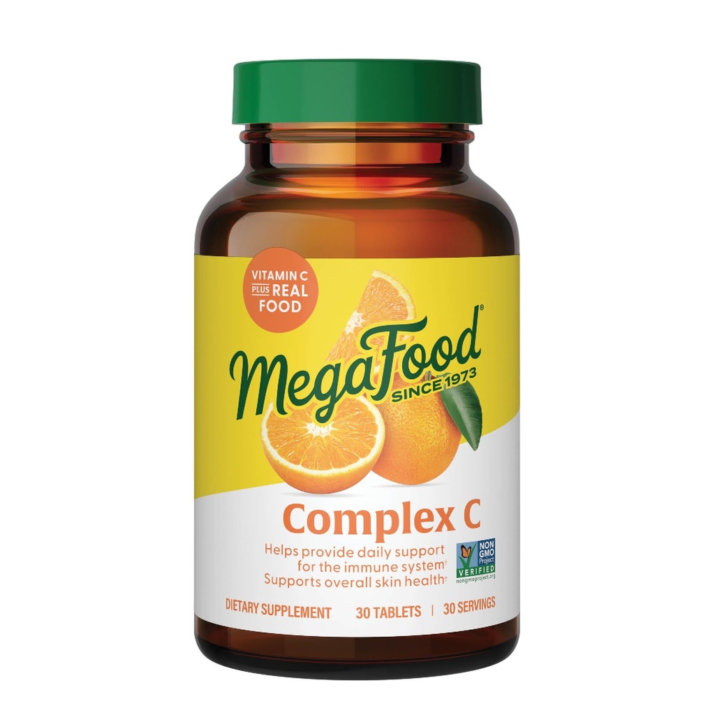 MegaFood Complex C - Vegan Imune 支持补充维生素C 250 毫克,用真食品制作,包括橙色,Cranberry & Brown Rice,Gluten - Free,Kosher - 30片,30种服务