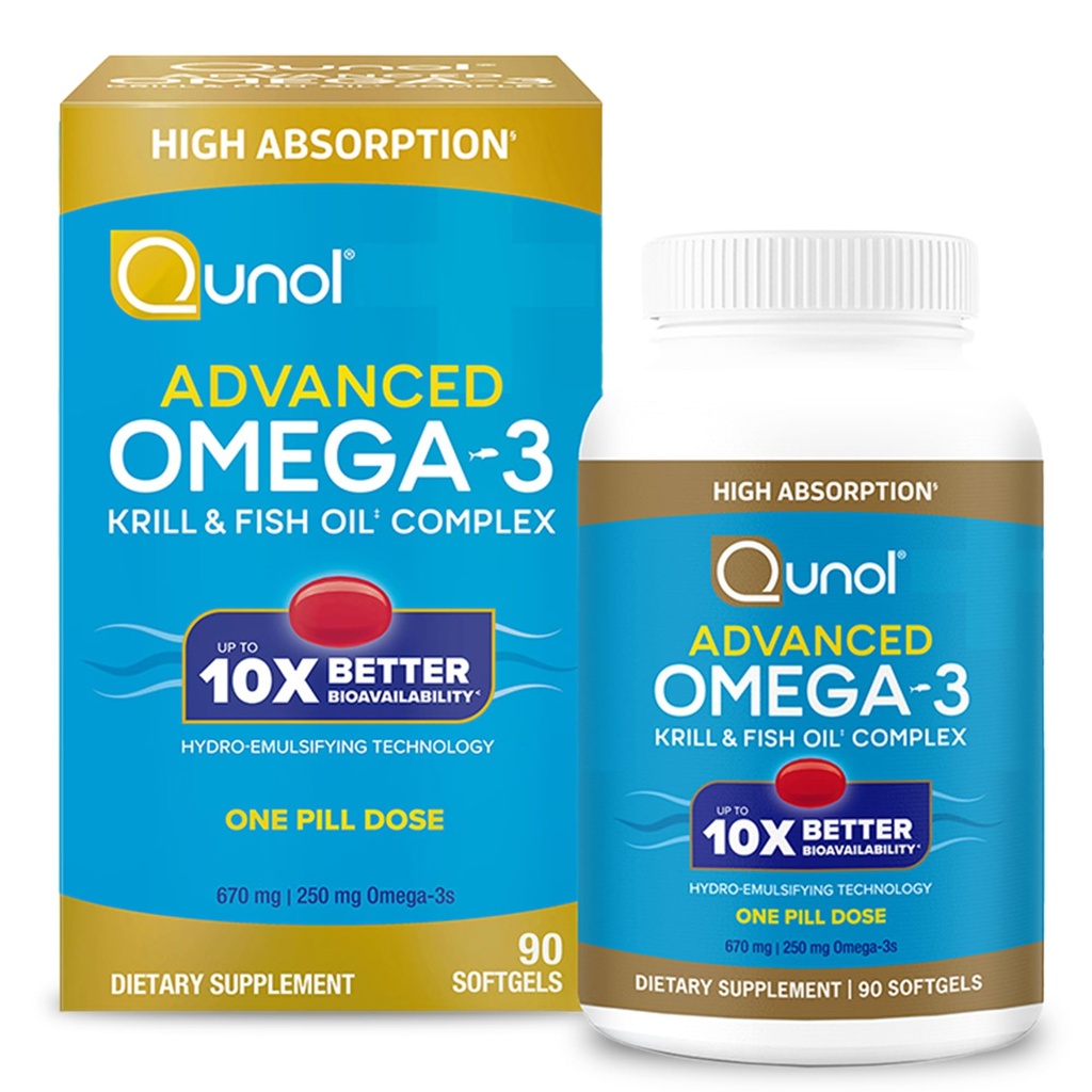 Qunol高级Omega 3 Krill和鱼油综合体,10x更好的生物利用率,1个药丸剂量,250mg EPA & DHA,支持大脑,眼睛,心脏和联合健康,90 Counter (Pack of 1)