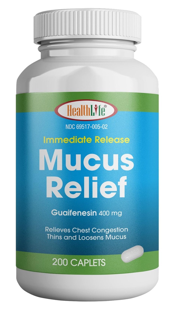 HEALTH LFE Mucus Relief Guaifenesin Caplets 400 mg, 即时释放快动作预期剂, 细辛和Loosens Mucus, 解放胸腔摄入, 咳嗽, 冷和流感(中度, 200 计)