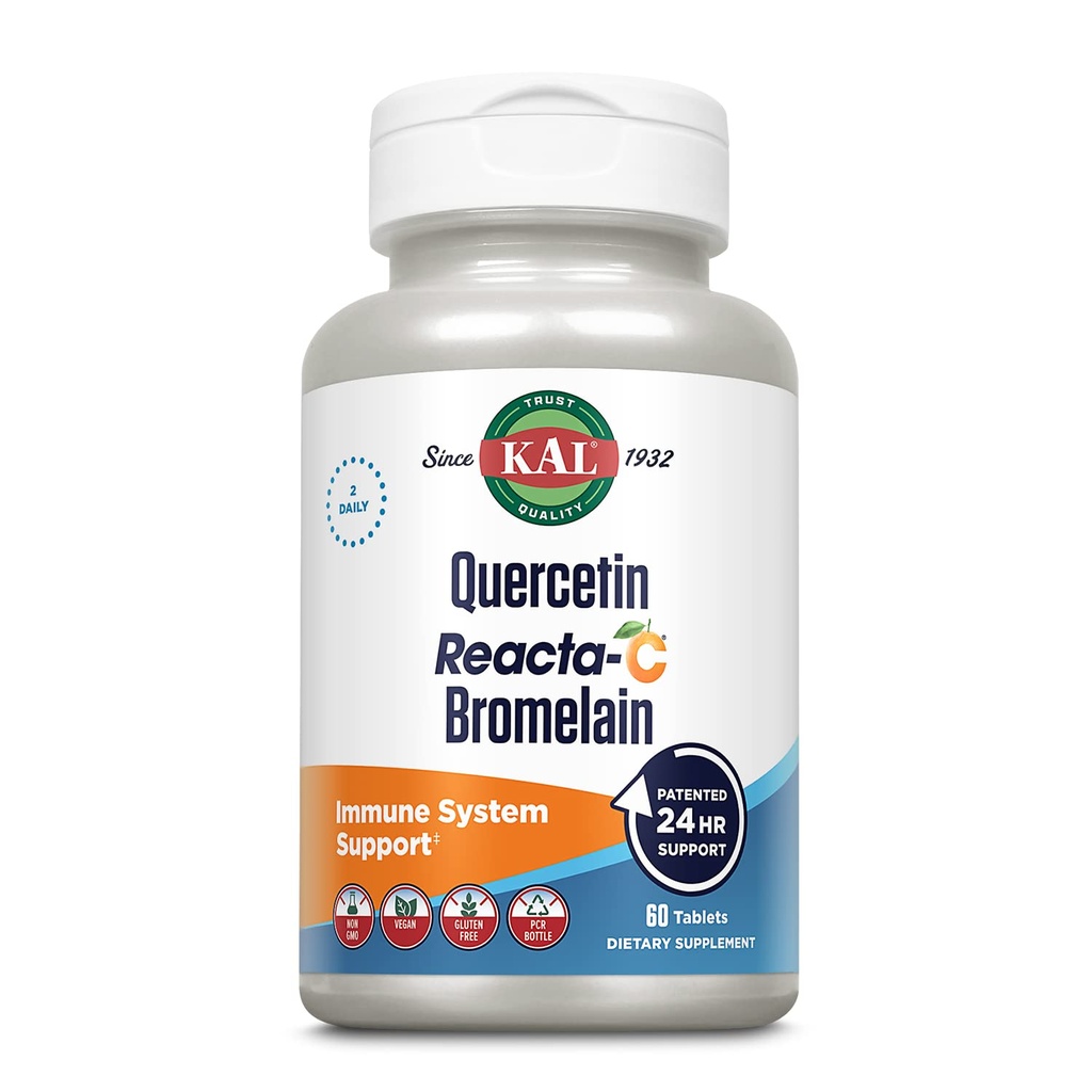 KAL Quercetin Reacta-C Bromelain Imune 支持补编,24小时Imune Defense with Bioflavoids,维生素C 1000mg和Quercetin 500mg, Vegan, Gluten Free, 60天保障, 30 Servi, 60平板