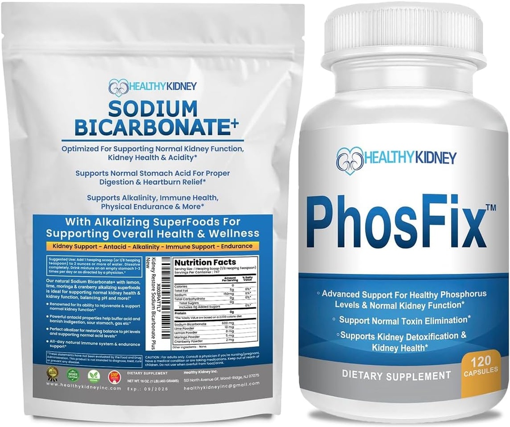 有机二碳酸钠 Alkaline 补充剂: 碱性、肾和酸支持的 1LB 粉剂 + PhosFix 120 Pills Phosporus Binder 健康磷水平和肾健康 Renal Suppor