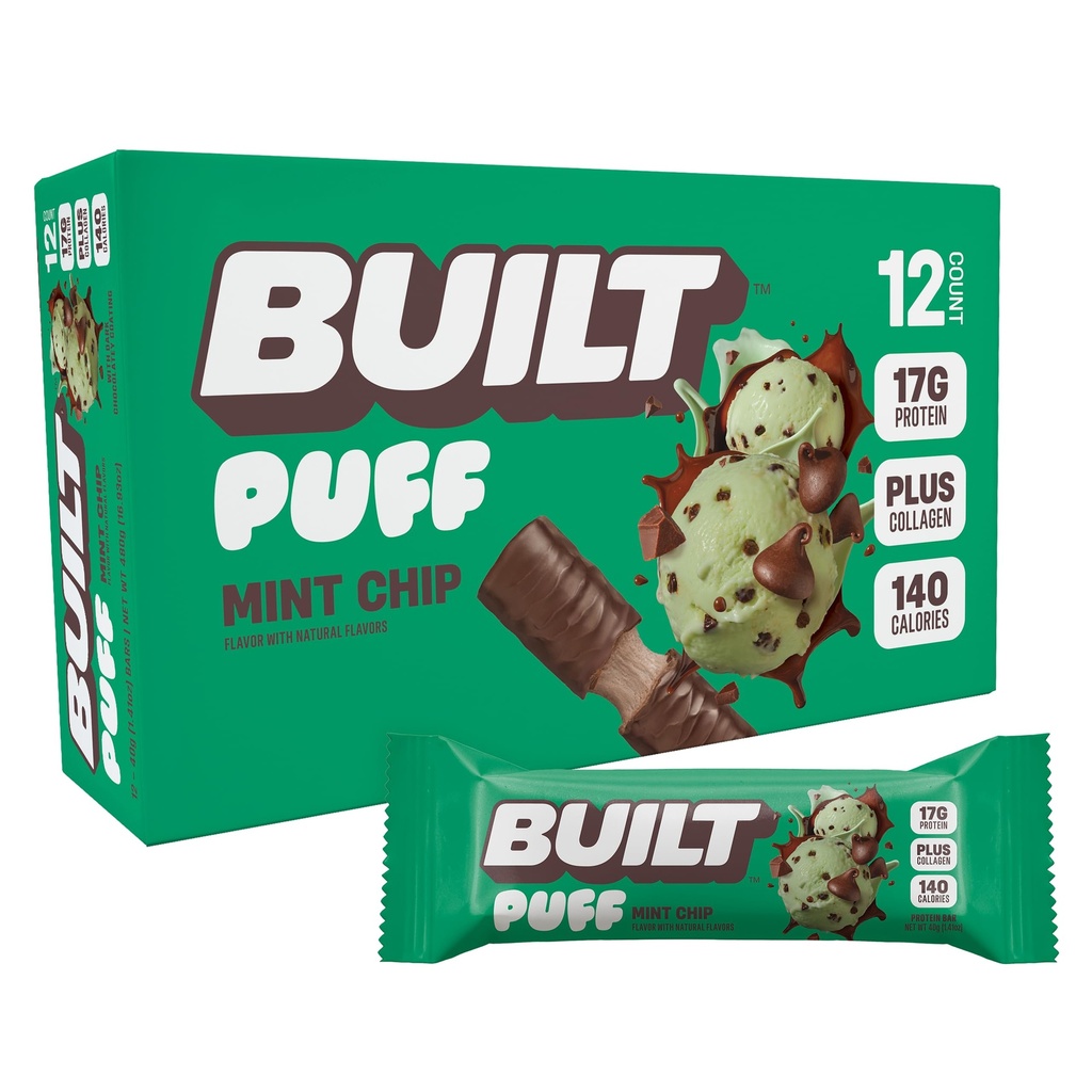 建造了酒吧,Puff蛋白棒,Mint Chip Puff, 17g蛋白棒,On-The-Go酒吧,只有140个卡罗里,6g糖,Collagen,Gluten Free, 12个伯爵