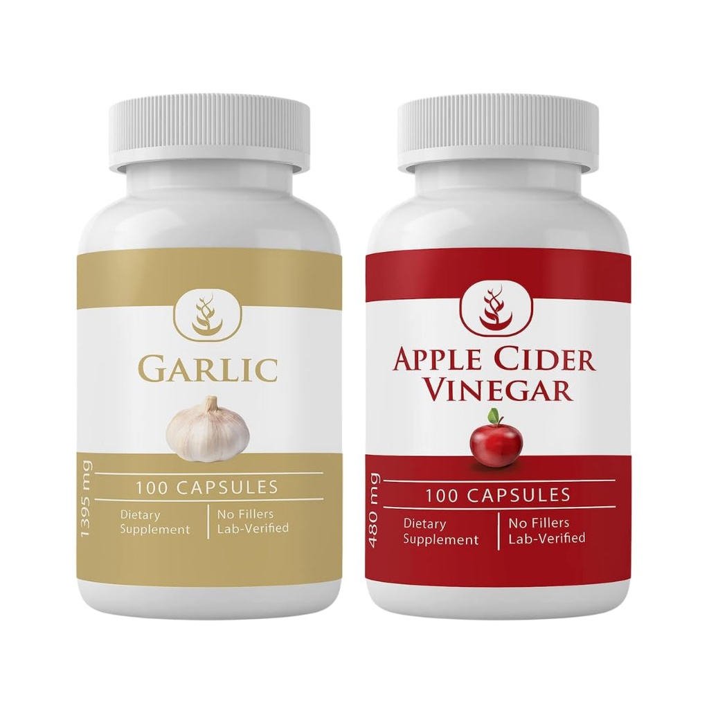 Garlic & Apple Cider Vinegar Capsule Bundle(每个100个Capsules),无添加剂或填充剂,实验室验证