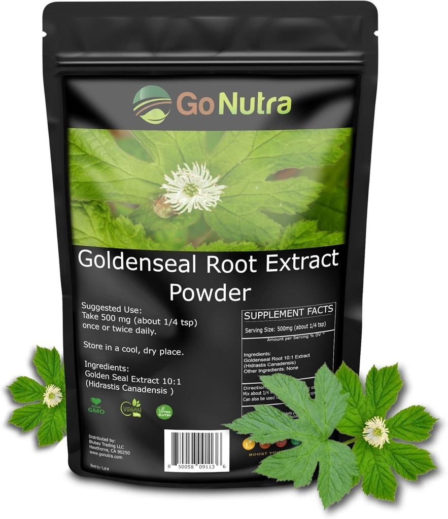 Go Nutra Goldenseal root 提取纯金色的粉末 10: 1 Goldenseal 提取4oz. 草药补充金印根