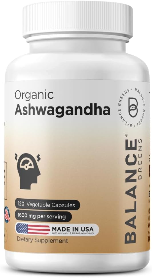 认证有机体 Ashwagandha 1600mg, 120 Veg Capsules - 支持睡眠和平衡能量水平(120个计数(一包))