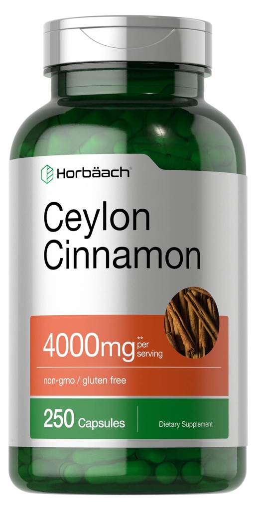 Horbäach Ceylon Cinnamon Capsules 40000mg 250 counter |  Non 非GMO, Gluten Free (英语).
