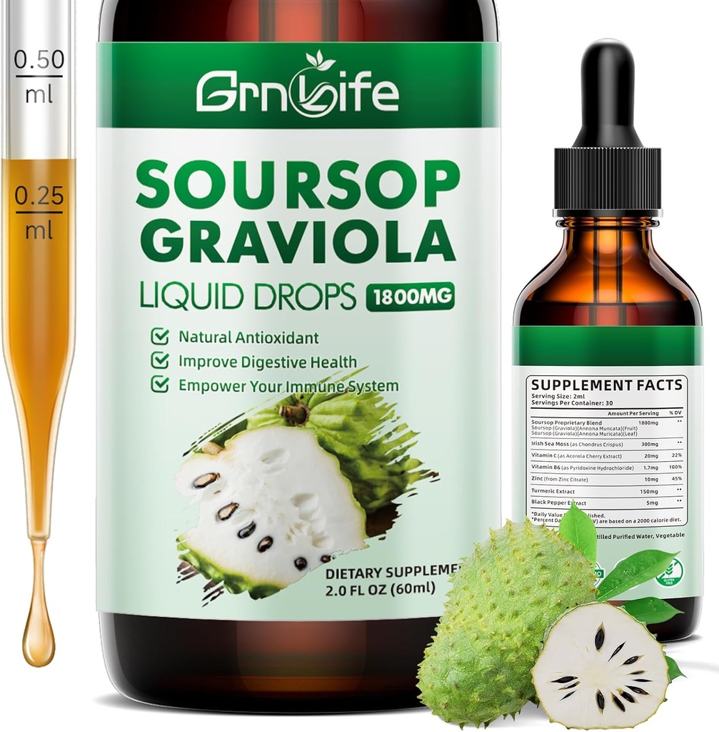 (1 pack) Soursop Graviola 液滴与海蚊和涡流, Soursop 位点液体用于细胞支持和再生,抗氧化剂和免疫, 2 Fl/Oz
