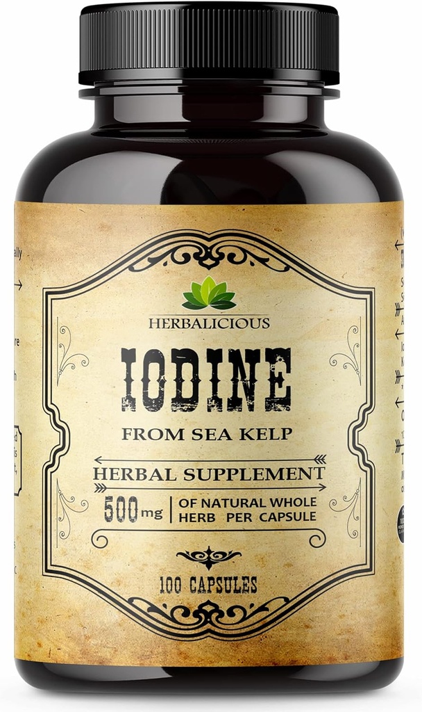 HERBALICIUSIONION 碘片 – 来自海凯尔普的天然碘 – 甲状腺素支持补充 能量,文摘,脑与骨健康 – 非GMO,无胶片 – 100 Capsules
