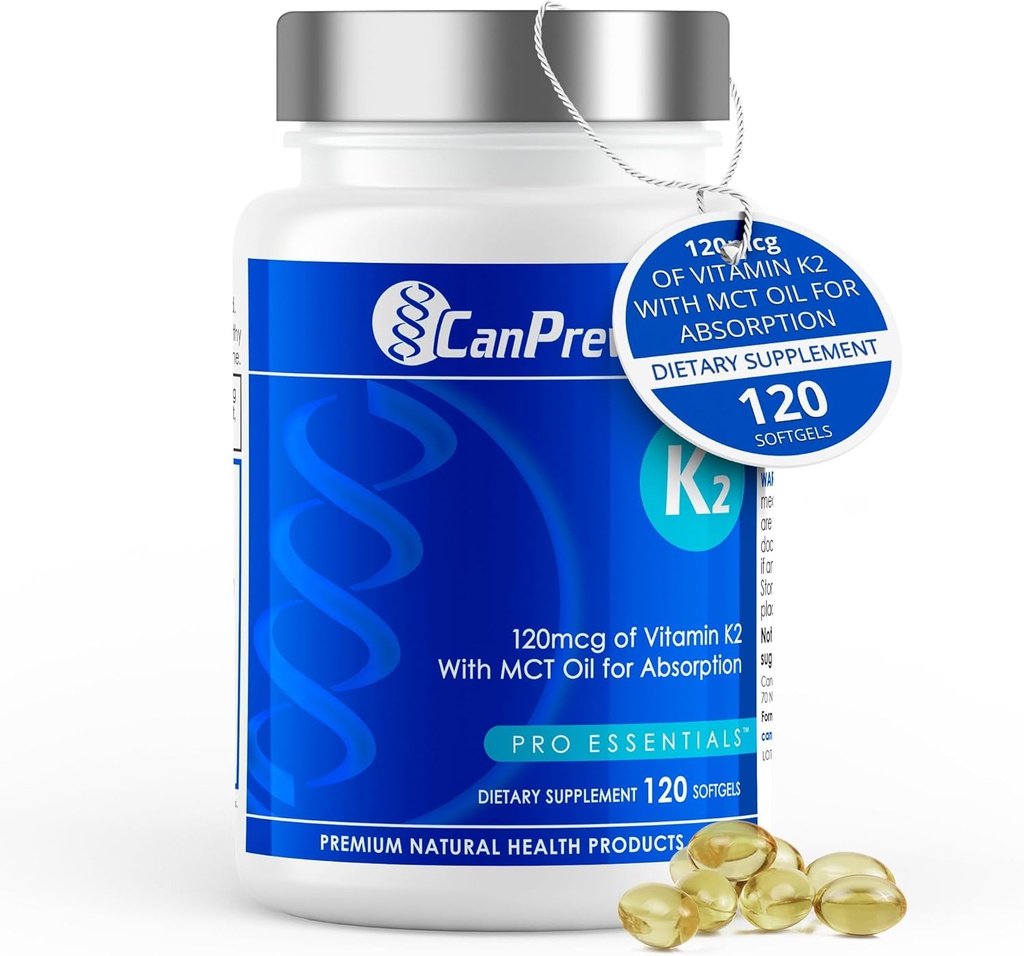 CanPrev K2 120mcg 与有机椰油,120软胶 120天供应 - 增强对最佳骨骼和牙齿支持的吸收,高潜力维他命 K2 维持强骨和牙齿