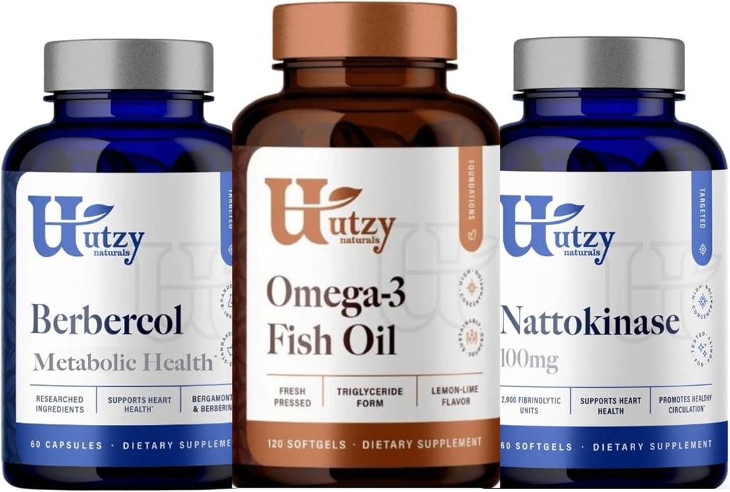 Utzy Naturals Berbercol + 500 mg Citrus Bergamot (as Bergamonte) & Berberine, Nattokinase + 100 mg + Omega 3 鱼油
