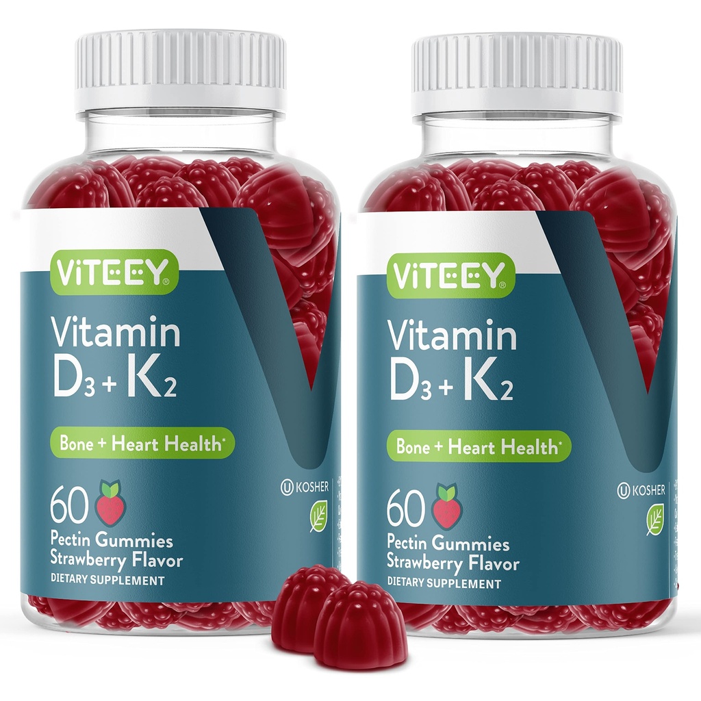 VITEEY 维生素D3 K2 Gummys - 1000 IU 维生素D3和K2 100mcg - 成人和青少年的骨骼和心脏健康 - 蔬菜,Gelatin 自由,GMO 自由 - 味道可口的蔬菜 D3K2 维生素草莓 Flavored Gummy