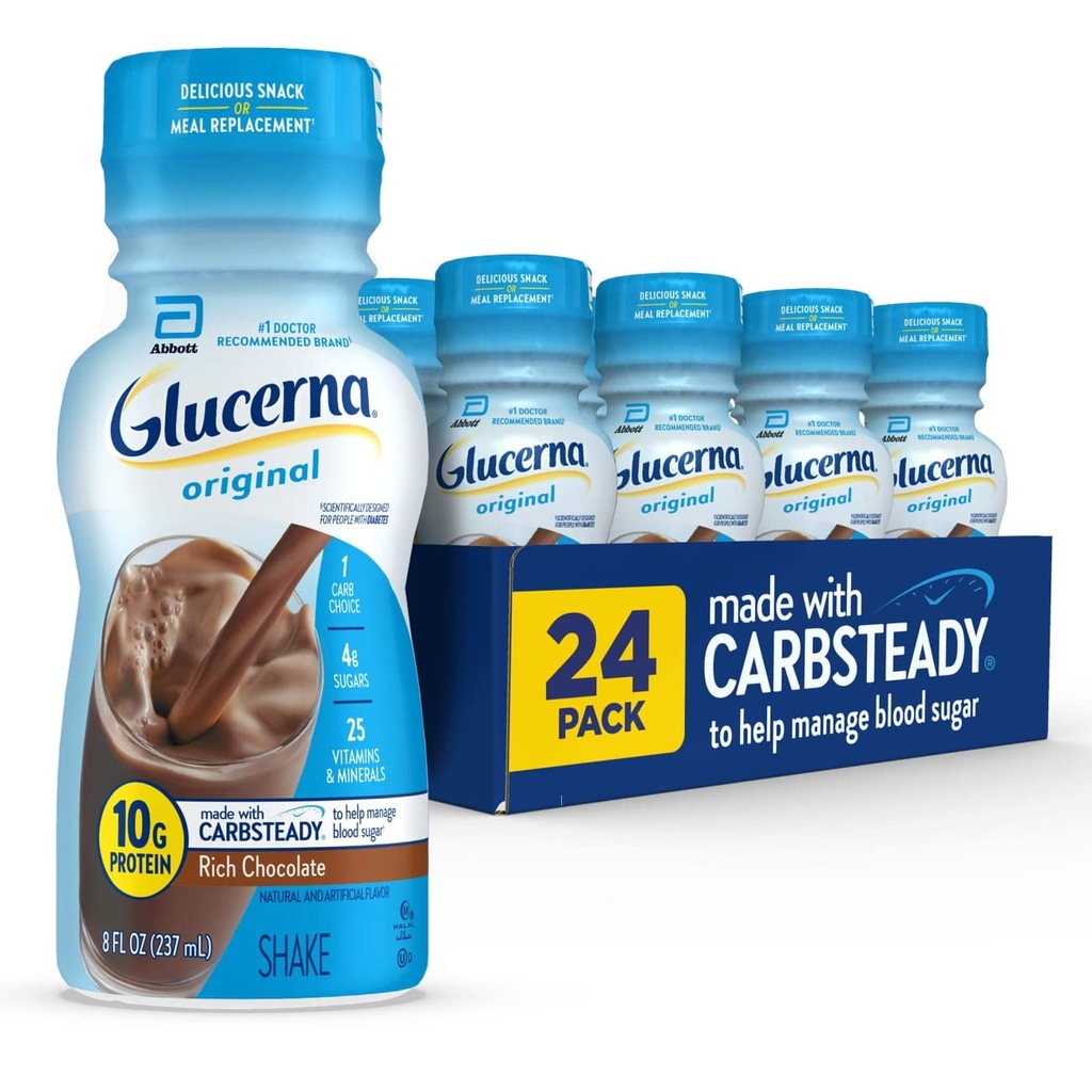 Glucerna 原发性糖尿病护理摇晃,富巧克力,糖尿病食品替代 支持血糖管理,10g蛋白,180卡路里,准备饮用,8-fl-oz瓶,24 Pack