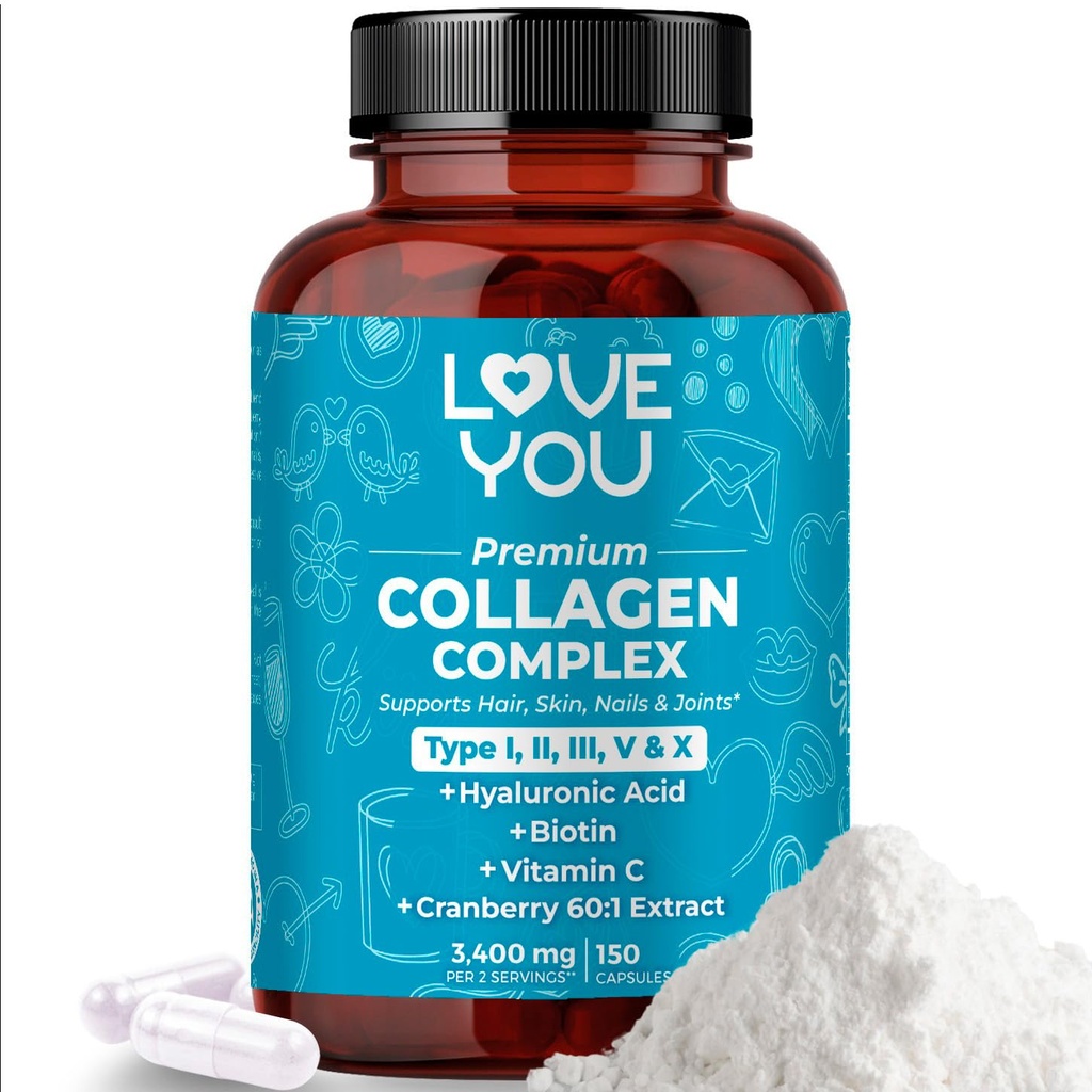 Love You Premium Collagen Complex - 类型一,II,III,V & X - 头发,皮肤,钉子,联合和古特支持 - 水解波维纳 Collagen Peptides - 草-Fed,Non-GMO,120 Capsules, USA Made