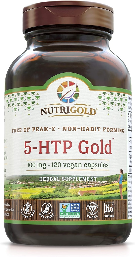 Nutrigold 5-htp 100mg, 120 Vegetarian Capsules - 黄金标准纯度 5-Htp 提取保证无有害峰值x, Gmos, & Allergens