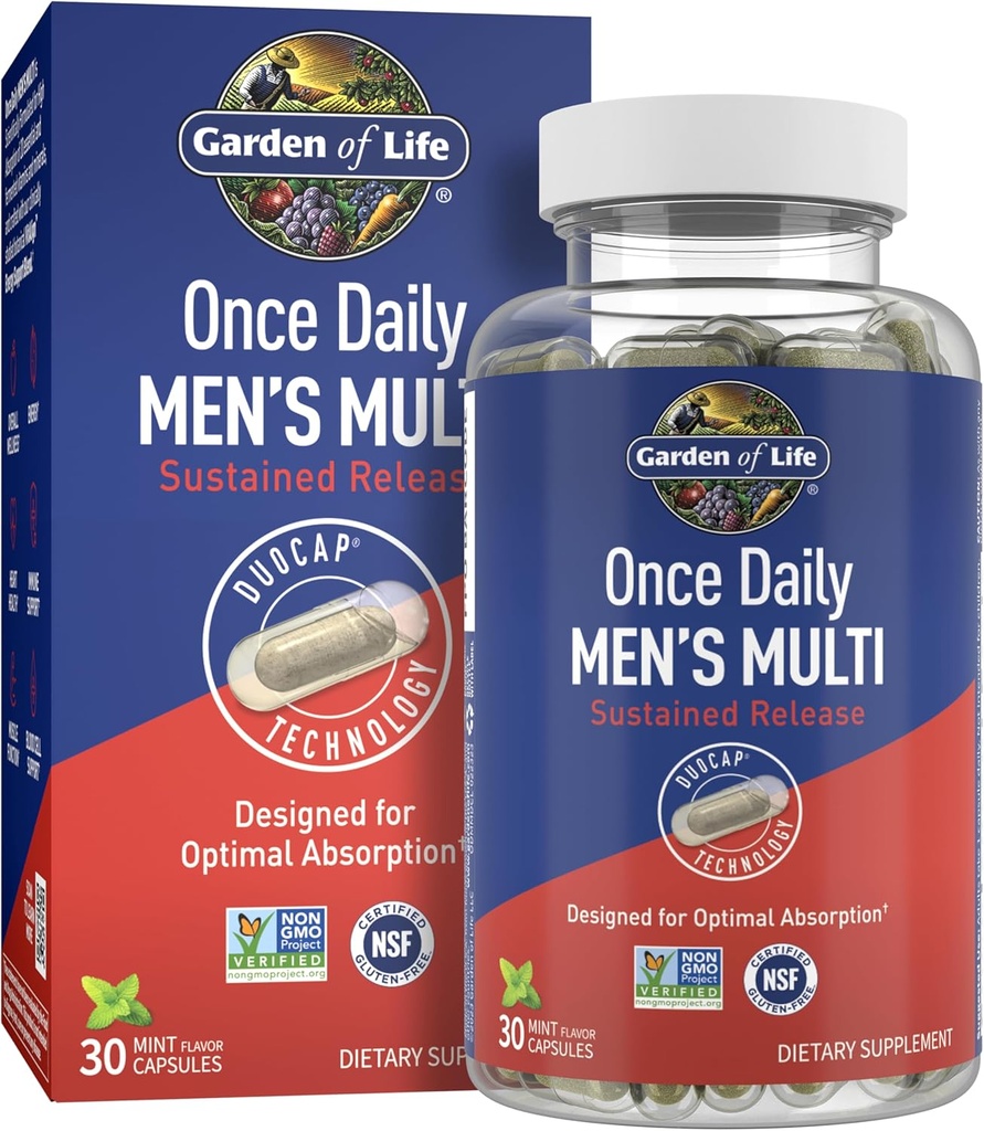 生活花园(Garden of Life One Daily Multivitamin for Men with Vitamin D3 for Optimal Muscle 函数与免疫系统支持,能量支持与K2, Gluten Free, Non-GMO, Mint Essenced, 30天供应)的多维他命男性