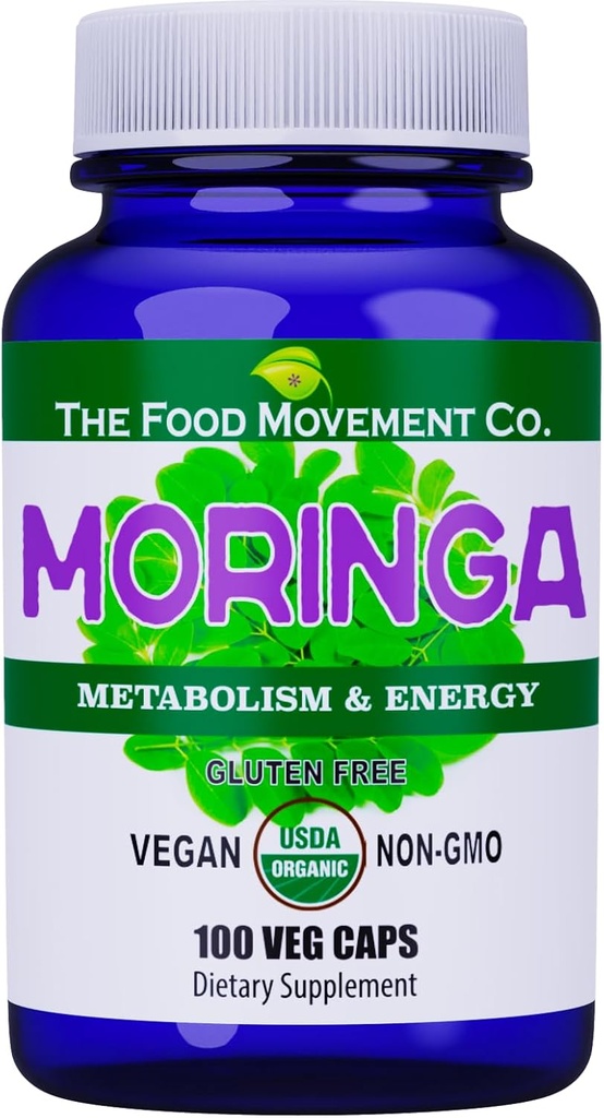 食品运动CO. Moringa - 认证有机超级食品,全身健康,自然能源支持,支持健康代谢 - 100 Vegan Capsules