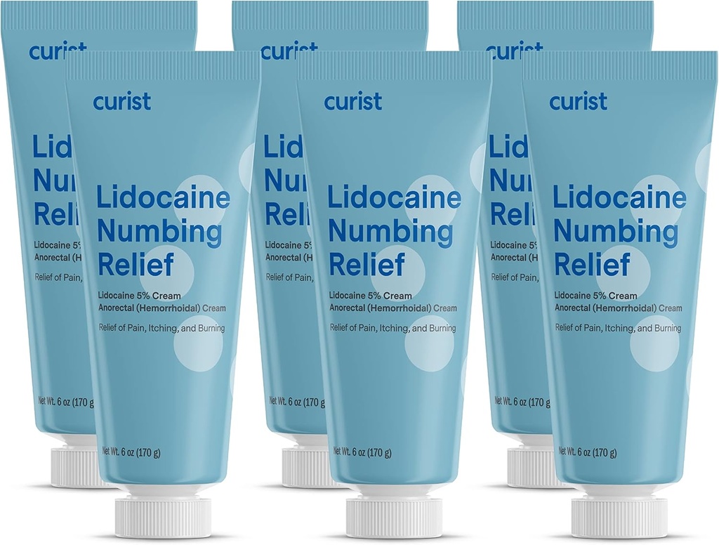 Curist 5% Lidocaine Cream 主题性疼痛 Cream - (6 oz Tube, Pack of 6) XL Tube - Numb Skin Quickly & 有效 5% Lidocaine Numbing Cream (6 Pack - 36 oz 共计)