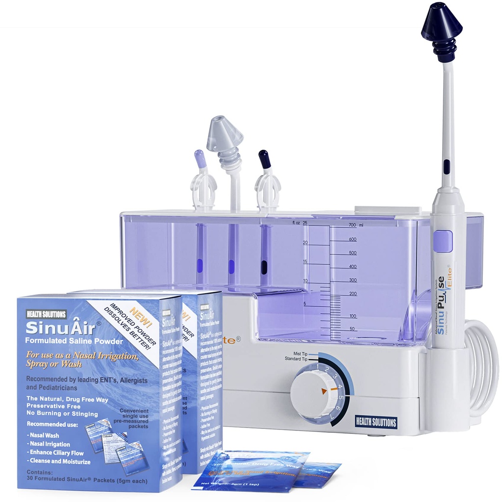SinuPulse Elite 高级鼻水灌溉系统 - Pulsting Sinus Control Relief & Sinus Rinse机器,比Neti Pot,鼻喷或鼻洗瓶更有效,有90个SinuAir包