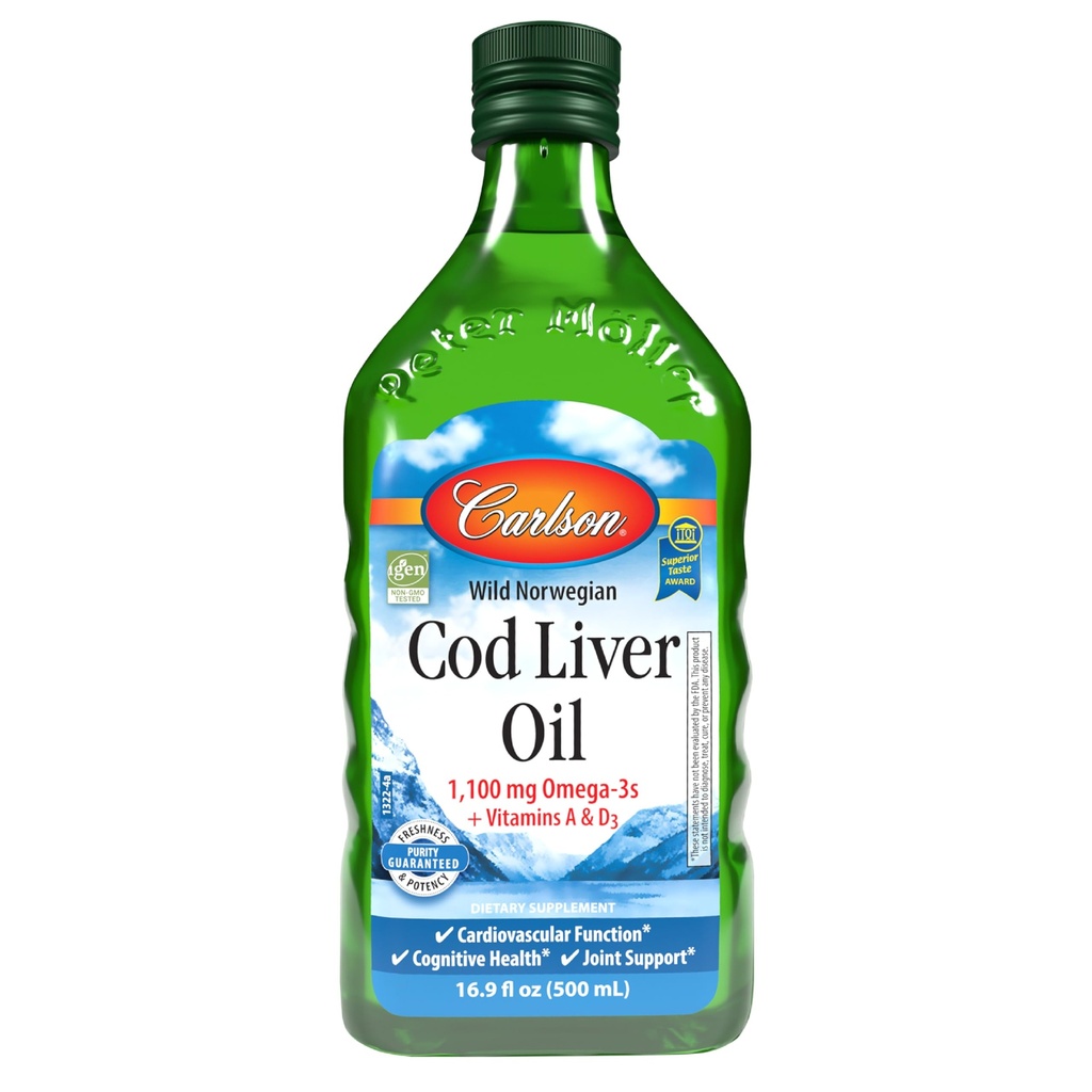 Carlson - Cod Liver Oil, 1100 mg Omega-3s, 野生-捕捉挪威北极Cod-Livers Oil, 可持续来源的北欧鱼油液体, 不受欢迎, 500 ml (16.9 Fl Oz)