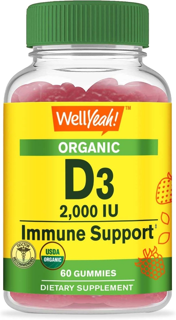 Wellyeah 有机维生素D3 2,000 IU(50 mcg) 古米 - 支持骨骼,肌肉强度和豁免 - 非GMO,Gluten Free - USDA 有机 - 天然火焰 - 60 Gummys