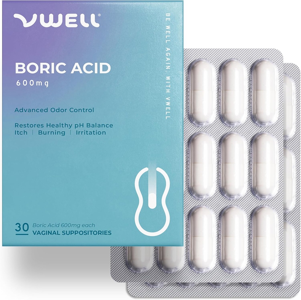 VWELL Boric Acid 阴道套件 - 保持和平衡健康阴道pH & Microbiome 管理阴道痒症 燃烧刺激 亲密性 - 推荐医生(一个大小,30, 计数)