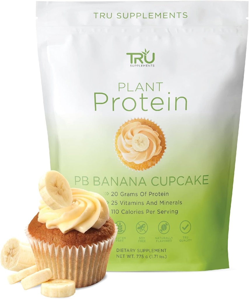 TRU 植物基蛋白粉,BCAA,EAA,20g Vegan Brown Rice & Pea 蛋白质,100卡路里,27个维生素,无人工火花 25个服务品(Peanut Butter香蕉杯蛋糕)