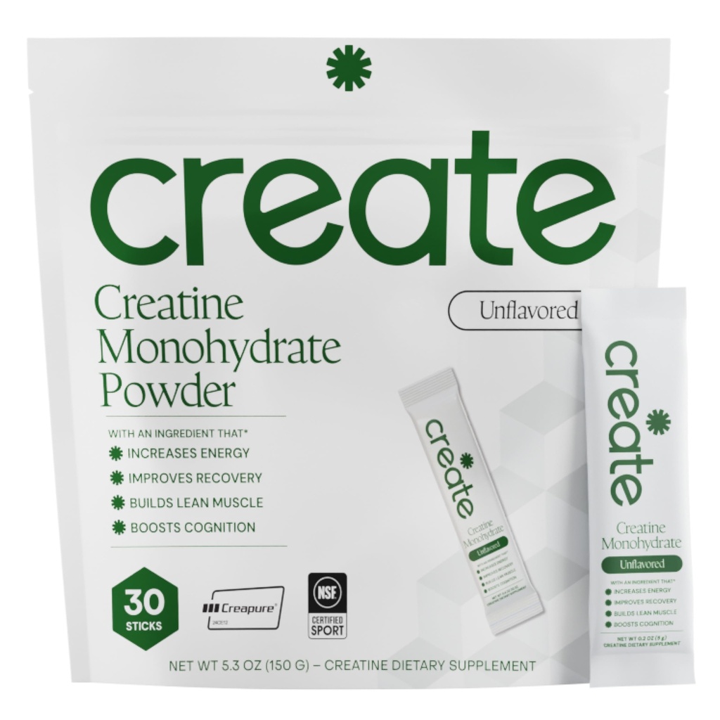 创建单一服务 Creatine 单水合物粉末 — 5g Creapure Creatine — 重新定义力量,能量和回收 — — 无糖, Vegan, 非GMO — — 不受欢迎, 轻甜, 0卡路里 — — 30个包装