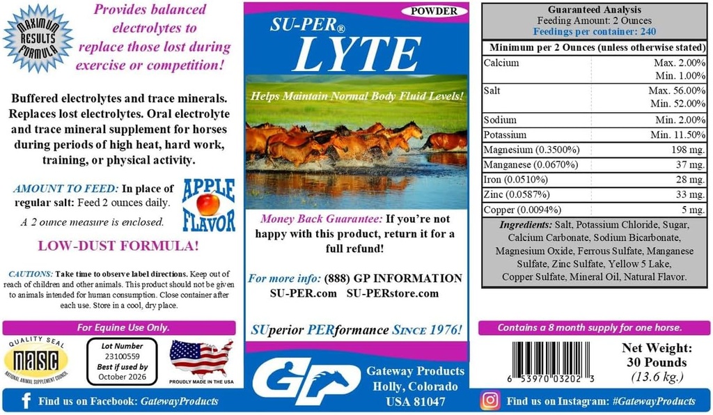 SU-PER Lyte马电解补液 - 帮助维持正常身体流体水平 - 性能马矿物与电解质替代 - 30英镑,8个月供应量