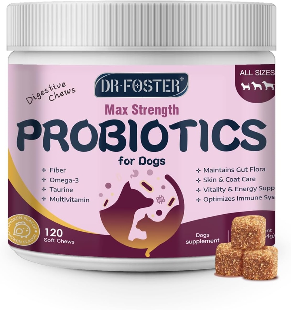 狗的抗生素- 狗的抗生素用于消化健康, Prebiotic, 消化酶用于配有南瓜的狗, Omega-3, 支持古特, Imune, 腹泻, 120 Soft Chews