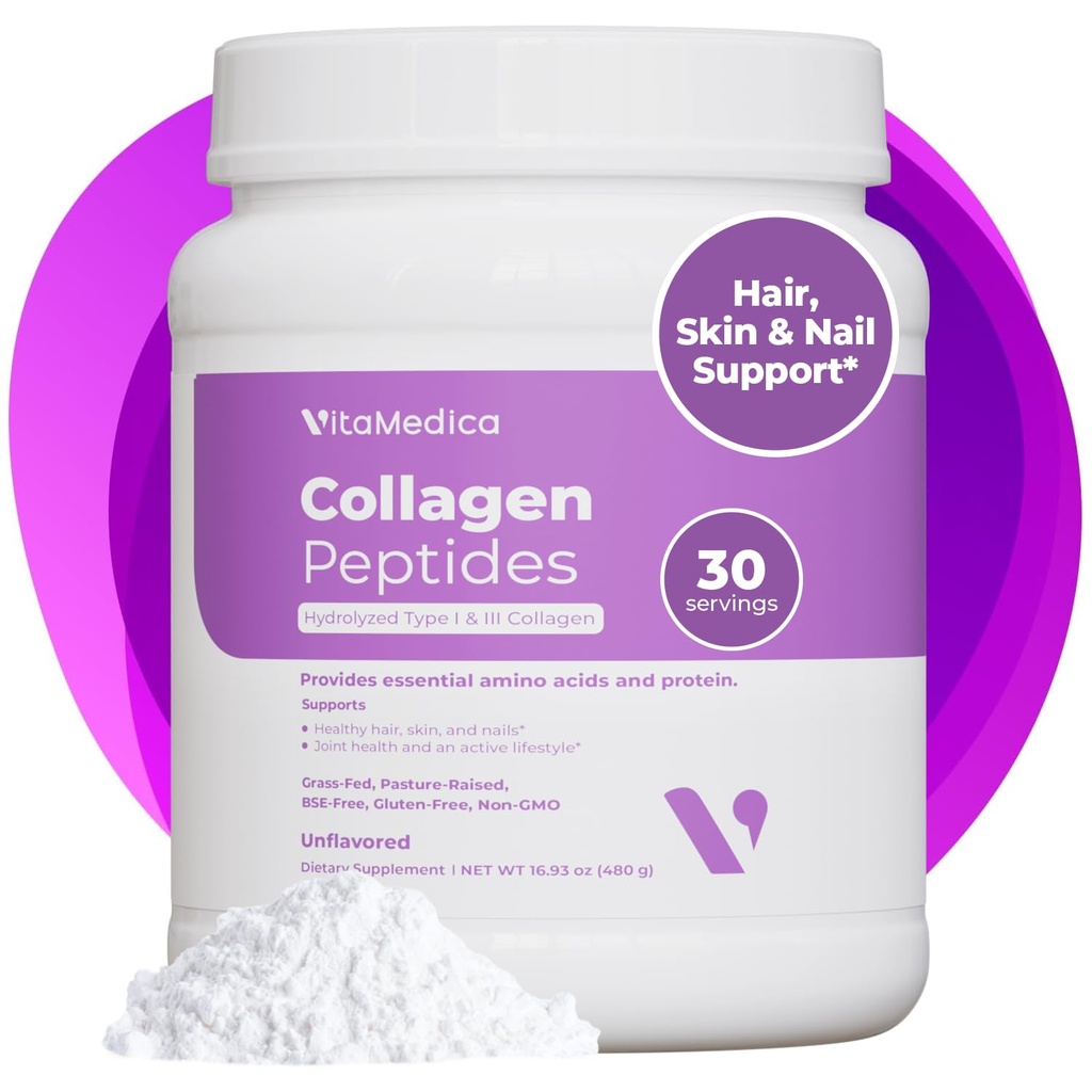 女性和男性的VitaMedica Collagen Peptides Powder -- -- 健康头发、皮肤、钉子、骨骼和关节 -- -- 水解剂类型I & III、草药、草药、草药、零糖 -- -- 30种