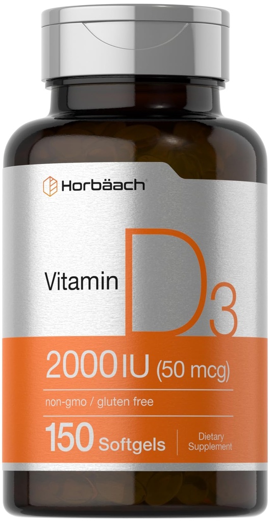 Horbaach Vitamin D3 2000IU Softgels | 150 伯爵 | 50 mcg Cholecalciferol | 非GMO & Gluten 免费补编