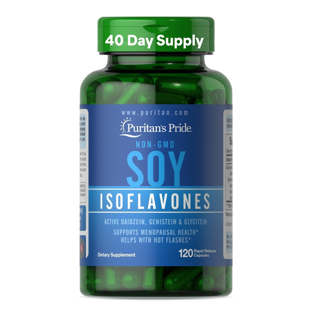 清教徒的"荣耀非GMO Soy Isoflavones 750mg",与活跃的戴德泽因,吉尼斯泰因,以及Glycitein支持更年期和热闪光,120快速释放卡普苏莱斯的饮食补充品.