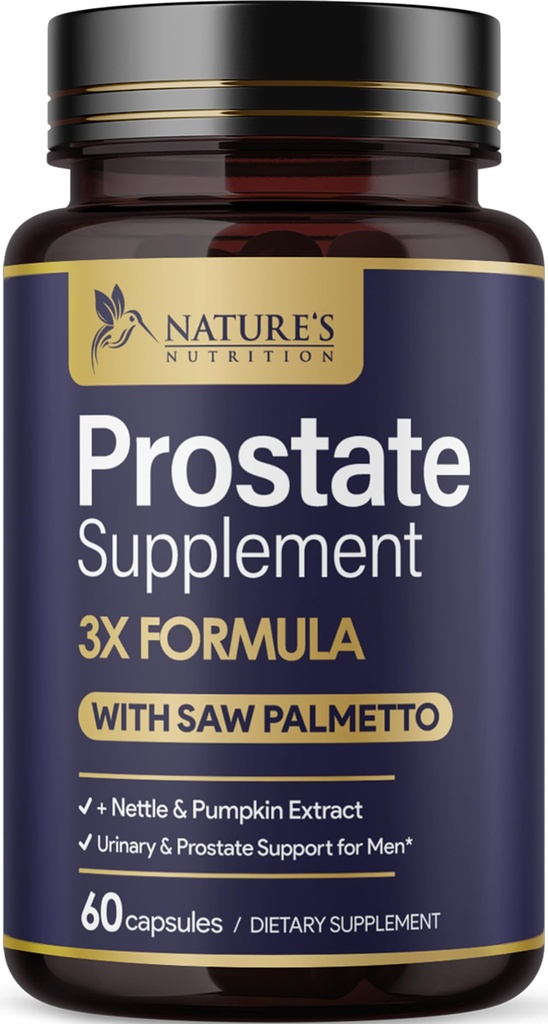 男子前列腺健康补充剂 1000mg - 3X 与Saw Palmetto Blend Sting Nettle 根和南瓜种子支持复合剂 - 支持浴室旅行 前列腺与尿道健康 - 60 Capsules
