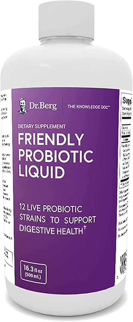 Berg博士的“友好的抗生素液体补充品 饮用Mix w/ 12 活的抗生素 Stranins & Lactobacillus Acidophilus —— 消化性健康、免疫系统和对男女儿童的Gut支助——1个月供应