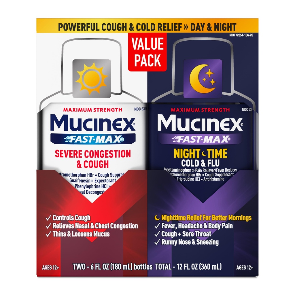 Mucinex Fast-Max & NightShift Combo Pack - 马克斯强力咳嗽和冷药用于 Mucus 救济,胸内摄入,鼻内摄入,鼻内摄入,鼻内摄入,鼻内压,咳嗽症状救济(2x6 FL OZ)