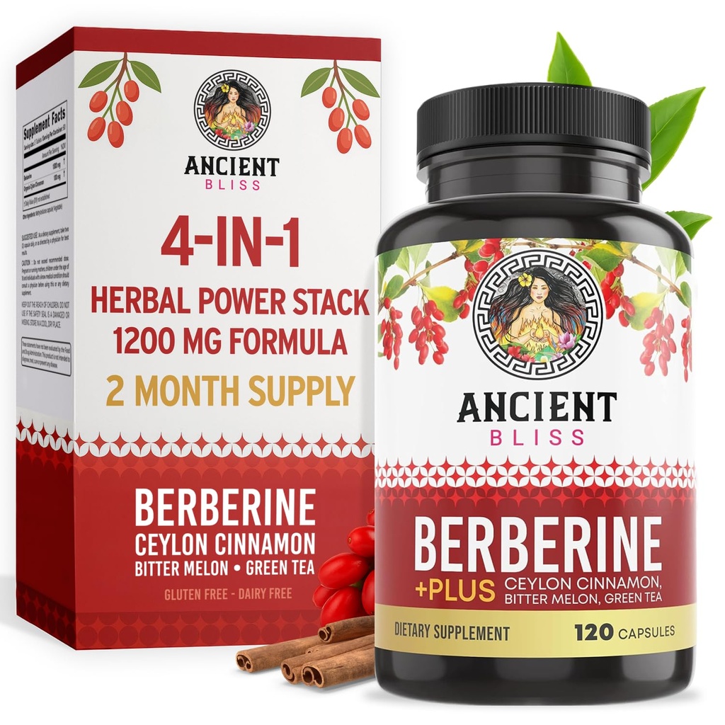 古代Bliss Berberine HCL 1200mg 与锡兰锡桂,Bitter Melon,和绿茶提取器 - 120 Capsules
