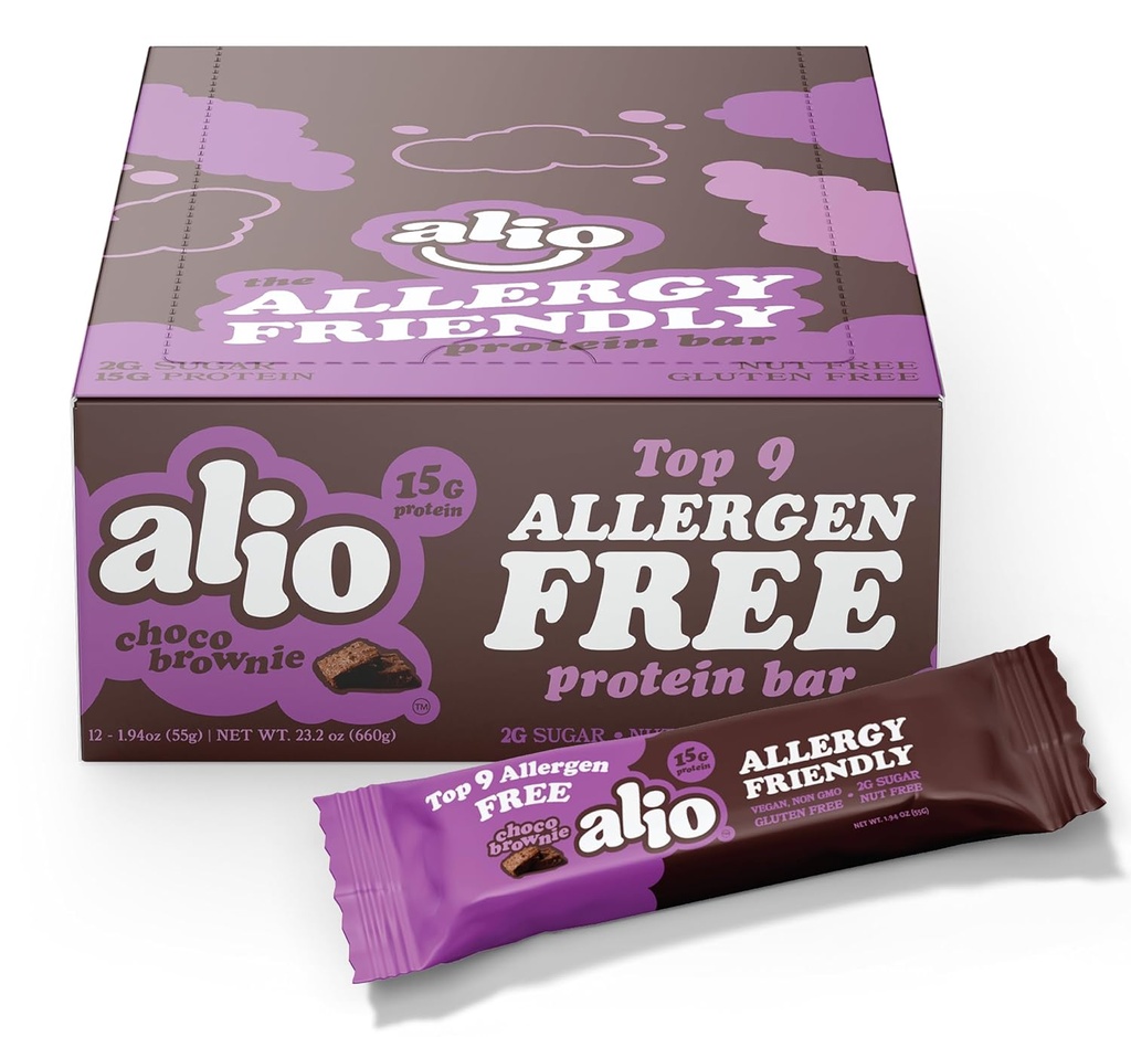 Alio Protein Bars - Choco Brownie (12 Bars) – Free from the Top 9 食物 Alergens, 高蛋白, 低卡罗里, Vegan, Gluten - Free, Nut - Free, 非 GMO, 植物型,种子无油, 美味健康 Snack