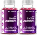 更强的头发、皮肤和钉子的维生素生物素蛋白1万毫克 - 60 Vegan Gummys - 也被称为维生素B7(2瓶)